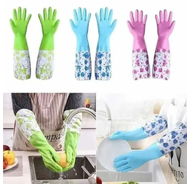 1Pair Lengthen Dishwashing Cleaning Glove Durable Waterproof Cleaning Rubber Long Sleeves for Dish Washing Velvet Lining Household Glove